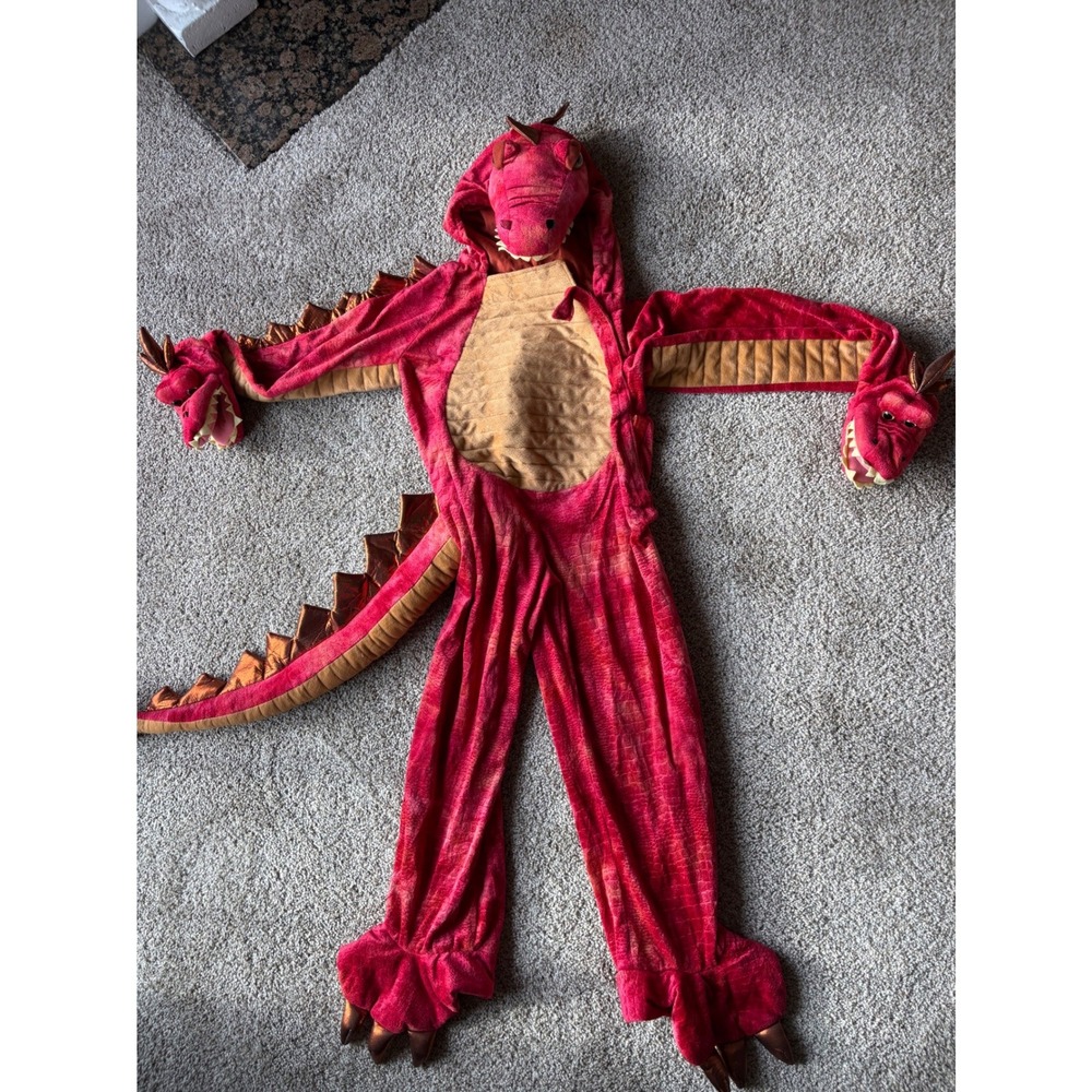 Kids Three Headed Red Dragon Plush Halloween Costume Jumpsuit Puppet Hands